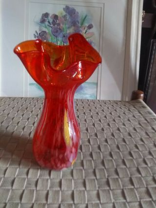 Norleans Orange Yellow Blue Hand Blown Art Glass Vase 7 3/4 "