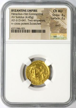 Ancient Byzantine Empire Heraclius Constantine Gold Solidus Ad 613 - 641 Ngc Ch Au