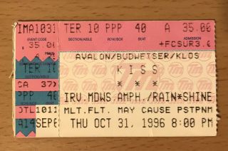 1996 Kiss Reunion Tour Irvine Ca.  Concert Ticket Stub Ace Frehley Peter Criss
