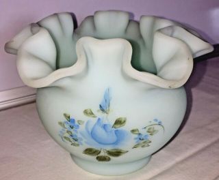 Vintage Fenton Blue Satin Glass Vase Bowl Ruffle Hand Painted Flowers Signed