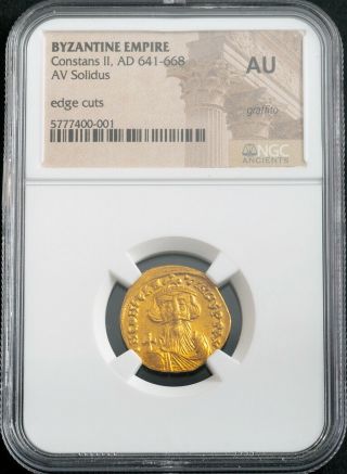 651,  Byzantine Empire,  Constans II.  Gold Solidus Coin.  (4.  41gm) NGC AU 3