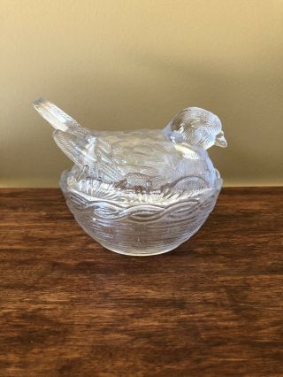 Vintage Clear Glass Bird On Nest Jewelry Candy Trinket Dish With Cover Lid