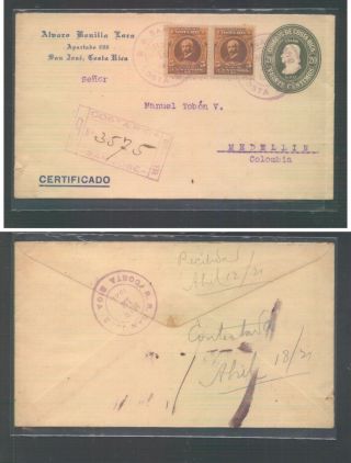 Costa Rica Uprated Postal Envelope Registered To Colombia 1921 Ms0927