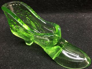 Green Vaseline Glass Floral Shoe / Slipper Boot Uranium Flowers High Heel Large