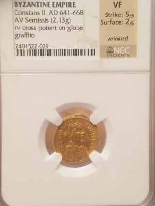 Byzantine Empire Constans Ii Ad 641 668 Semissis Vf 5/5 2/5 Gold 2,  13g Ngc