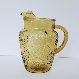 Mid Century Vintage Anchor Hocking Glass Gold Spring Song Pitcher Daisy Ice Lip