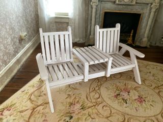 Vintage Miniature Dollhouse 1:12 Artisan White Wood Bench Double Chairs Table