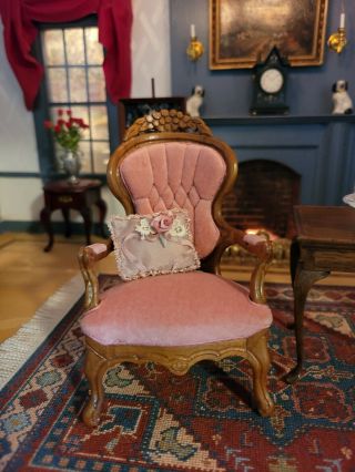 Miniature Artisan Signed Leonetta Victorian Upholstered Arm Chair & Pillow