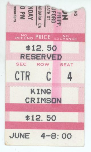 Rare King Crimson 6/4/84 Santa Barbara Ca Mission Theater Concert Ticket Stub