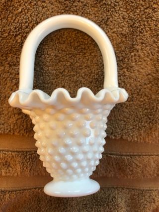 Fenton White Milk Glass Hobnail Basket Vase Vintage 6 "