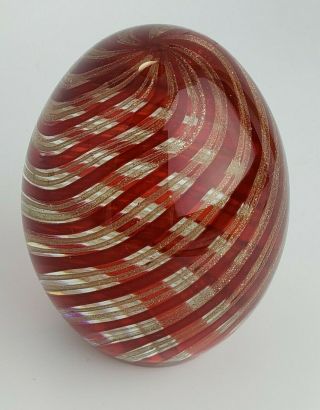 Unsigned But Red And Gold Swirl Egg Shape Art Glass Paperweight