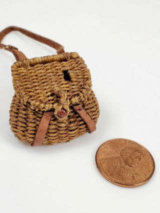 Artisan Dollhouse Miniature 1:12 Wicker Fishing Creel Leather Strap Basket