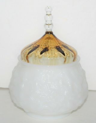 Vintage E.  O.  Brody Milk White Crinkle Glass Bowl With Amber Stemmed Handle Lid