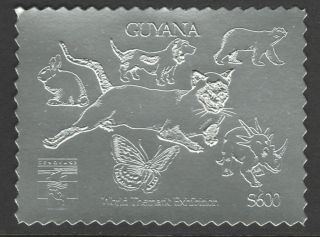 Guyana 1992 Genova Exh.  Cat,  Rabbit,  Polar Bear,  Dog,  Butterfly,  Dinosaur In Silver