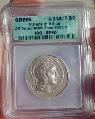 ICG Ancient Greek Coin Athens Owl Style Silver tetradrachm 118 BC 2