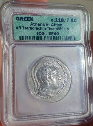 ICG Ancient Greek Coin Athens Owl Style Silver tetradrachm 118 BC 3