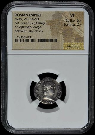 Nero (ad 54 - 68) Roman Ar Denarius Coin Legionary Standards Ric 68 Ngc Certified