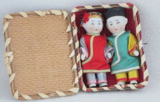 Two Antique 3.  5 " All Bisque Asian Dolls - Woven Straw Case - Japan