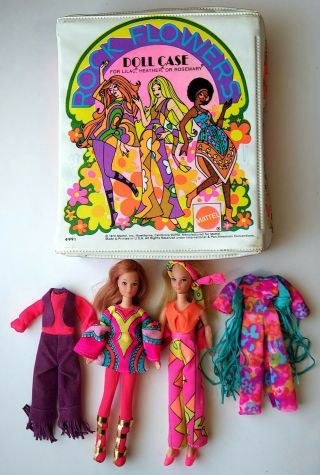 Vintage Mattel Rock Flower Case,  Dolls,  Lilac,  Heather And 2 Outfits 1970