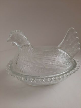 Vintage Clear Glass Chicken Hen Nest Covered Candy Dish Bowl