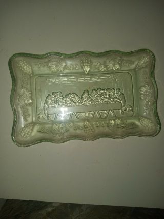 Vintage Tiara Indiana Glass Green " The Last Supper " Butter Dish,  Tray