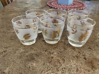 Set 6 Vintage Gold Leaf Rim Glasses 3 1/2” Frosted Glass Cocktail Juice