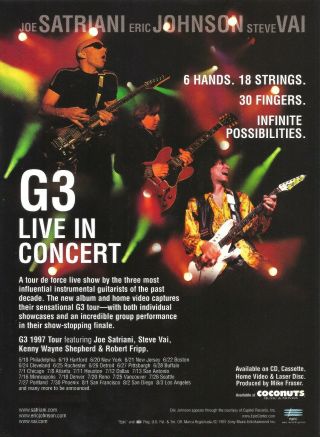 Joe Satriani Eric Johnson Steve Vai G3 Live In Concert 1997 8x11 Promo Poster Ad