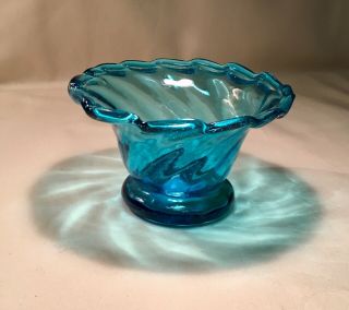 Vintage Turquoise Swirl Small Footed Bowl Scalloped Edge Art Glass