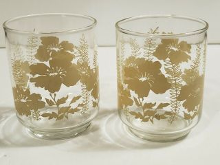 Stunning Set Of 2 Vintage Libbey Floral Juice Glasses Mustard Gold Flower & Fern