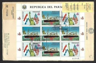 Paraguay 1986 Statue Of Liberty 5g Sheetlet Of 5,  4 Labels On Registered Cover