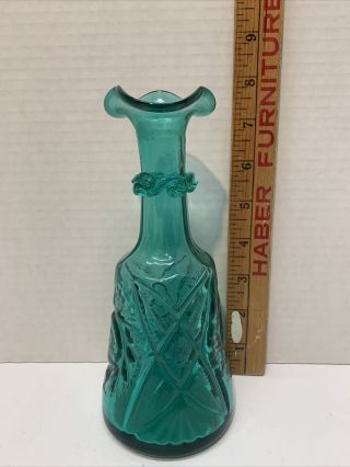 Vtg Aqua Blue Glass Bottle Decorative Decanter Vase Diamond Pattern 7.  5 "