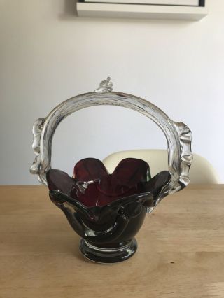 Murano Glass Burgundy Red Burgundy Posy Basket Bowl Italian Vintage Art Deco 50s