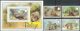 [bel] Beliz 1983 Wwf Wild Animals,  Jaguars.  Set Of 4 Stamps,  Souvenir Sheet.