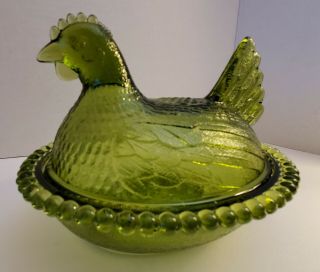 Vintage Indiana Green Glass Hen On Nest Covered Candy Dish W/lid,  No Chip/breaks