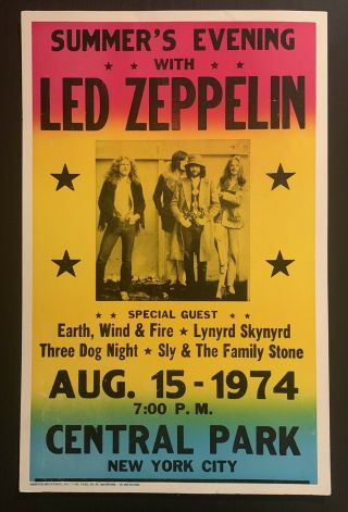 Led Zeppelin Gig Poster 14x22 Central Park York Gig Lynyrd Skynyrd Sly Stone