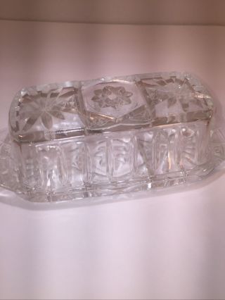 Vintage Anchor Hocking Star Of David Clear Pressed Glass Covered Butter Dish