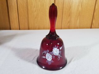 Fenton Bell Ruby Red With Hand Painted White Roses Signed Roses On Ruby