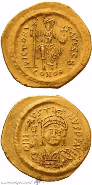 Byzantine Gold Solidus Coin Justin Ii Constantinople Victoria Avggg S 565 - 578 Ad