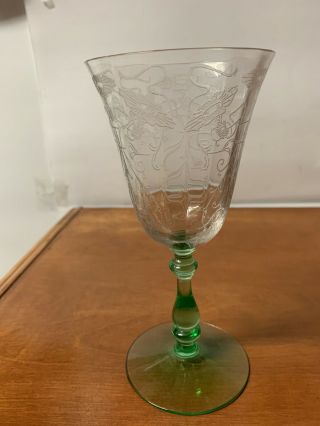 Vintage Wine Glass Goblet Green And Clear With Etched Design Ornate Stem Floral