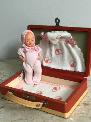 Antique / Vintage German Composition Baby Doll in Suitcase & Blanket 3