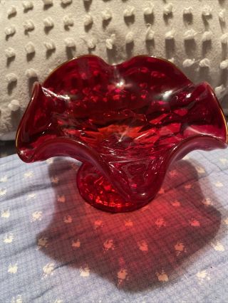 Vintage Viking Ruby Red Georgian Compote Candy Dish With Ruffle Trim