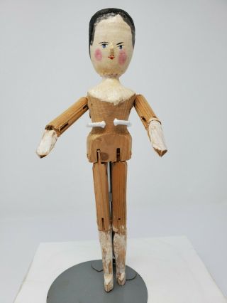 Antique Grodnertal Jointed Wooden Peg Penny Doll Primitive Gesso Big 12 " 1800 