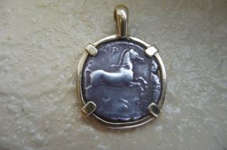 Ancient Silver Coin Set In 18k Gold Bezel Horse And Cow