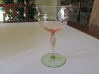 Vintage 1930s Tiffin Pink Floral Etched & Uranium Green Watermelon Cordial Glass