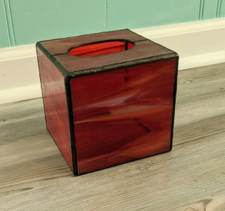 Stained Colored Glass Swirled Red Orange Standing Kleenex Tissue Box Holder