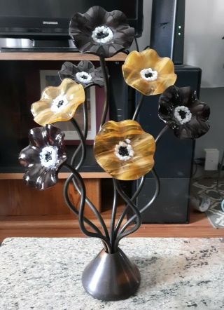 Vintage 4 Purple & 3 Yellow Slag Glass Flowers On Metal Stems In A Base