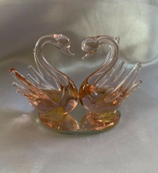 Art Glass Miniature Pink Swans On Mirror Base