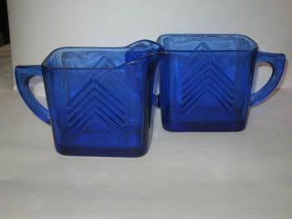 Vintage Cream Pitcher And Sugar Bowl Cobalt Blue Chevron Pattern