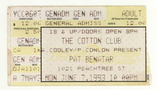 Rare Pat Benatar 6/7/93 Atlanta Ga The Cotton Club Ticket Stub