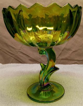 Vintage Indiana Glass Lime Green Carnival Glass Tulip Lotus Blossom Compote Dish